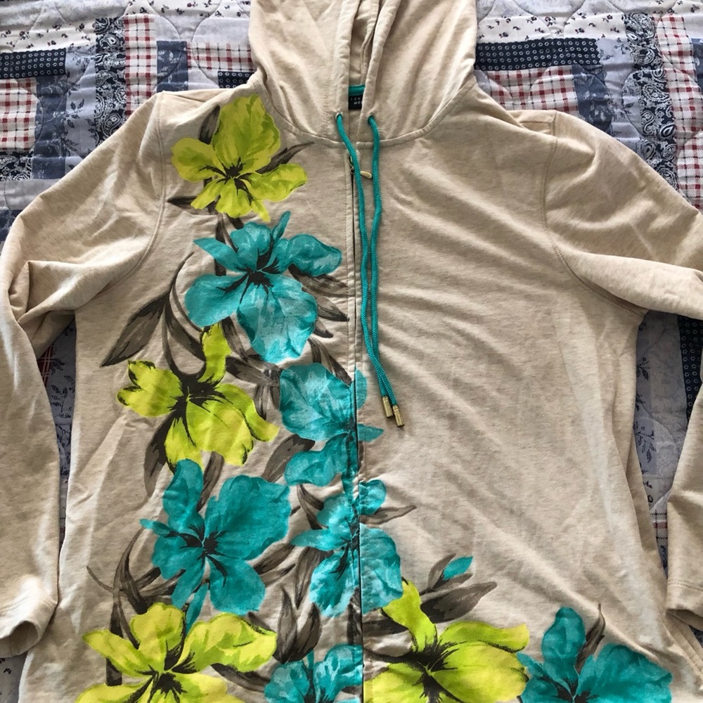 Susan Graver Beige Floral Hoodie Jacket Size Large Aqua lightweight